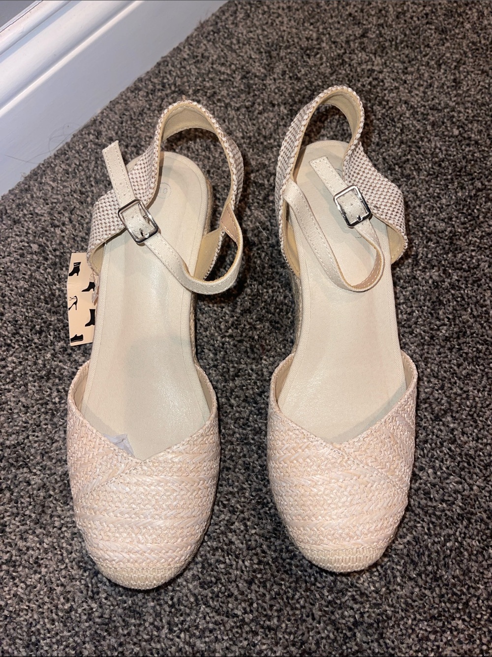 Woven Ankle-Strap Wedges in Light Beige